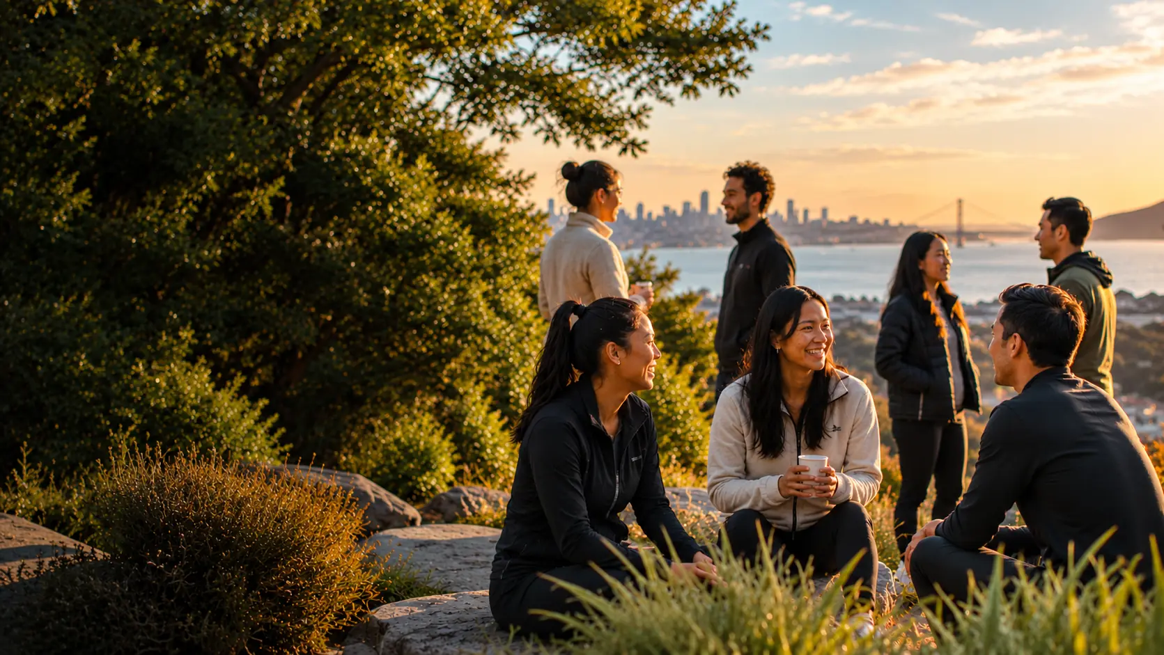 A group of friends talking outdoors on a hillside above the San Francisco Bay at sunset