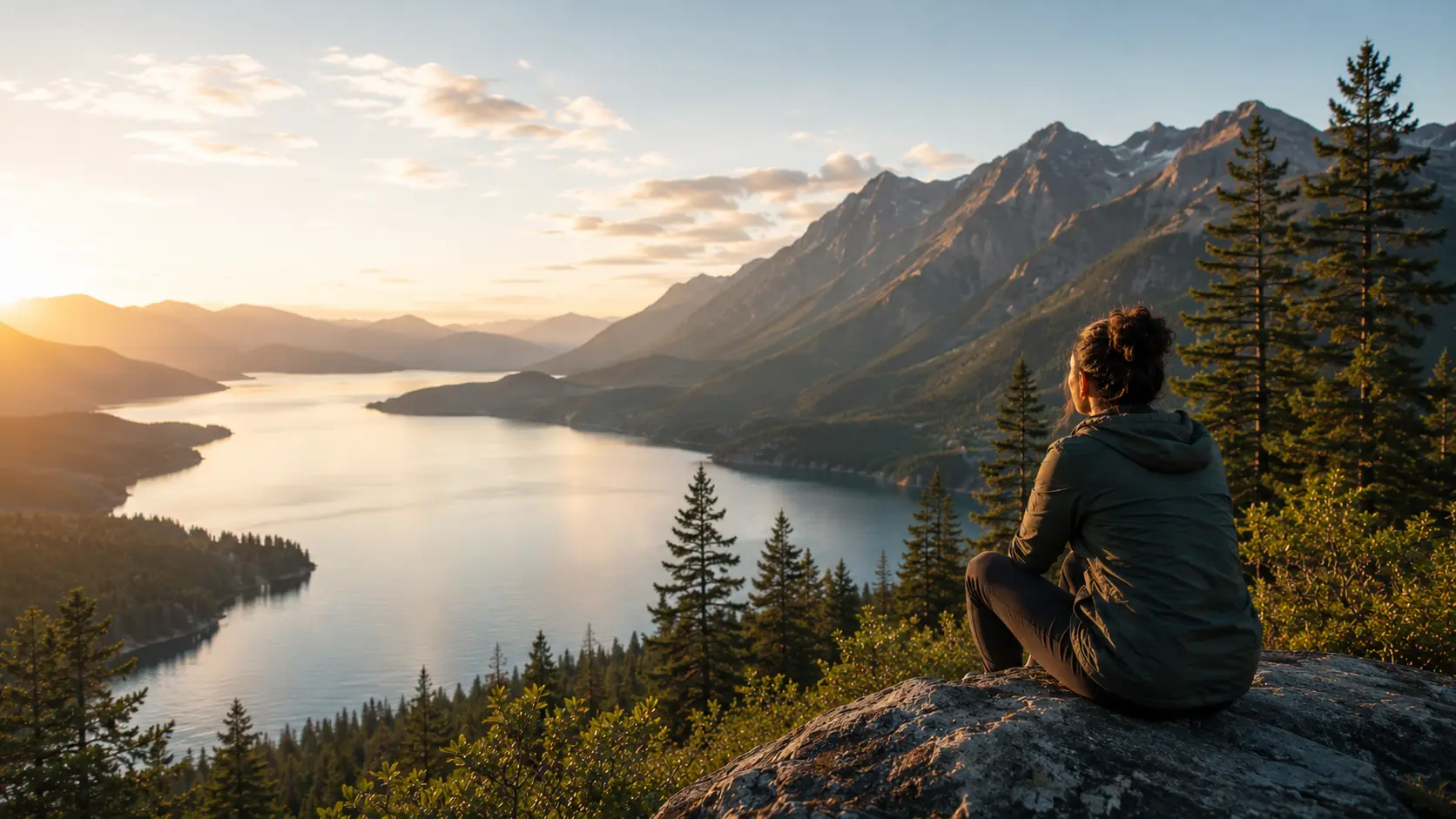 A woman sitting on a forested hillside overlooking a mountain lake